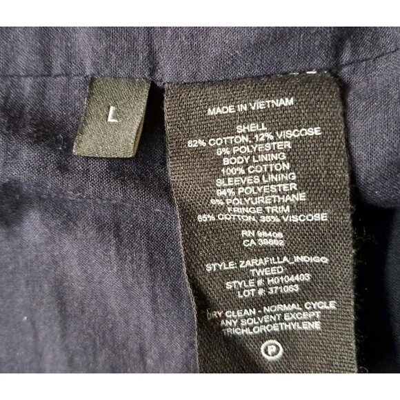 Theory Coat Women's Large Blue Zarafilla Indigo Tweed Fringe Trim Work Career - Picture 12 of 14